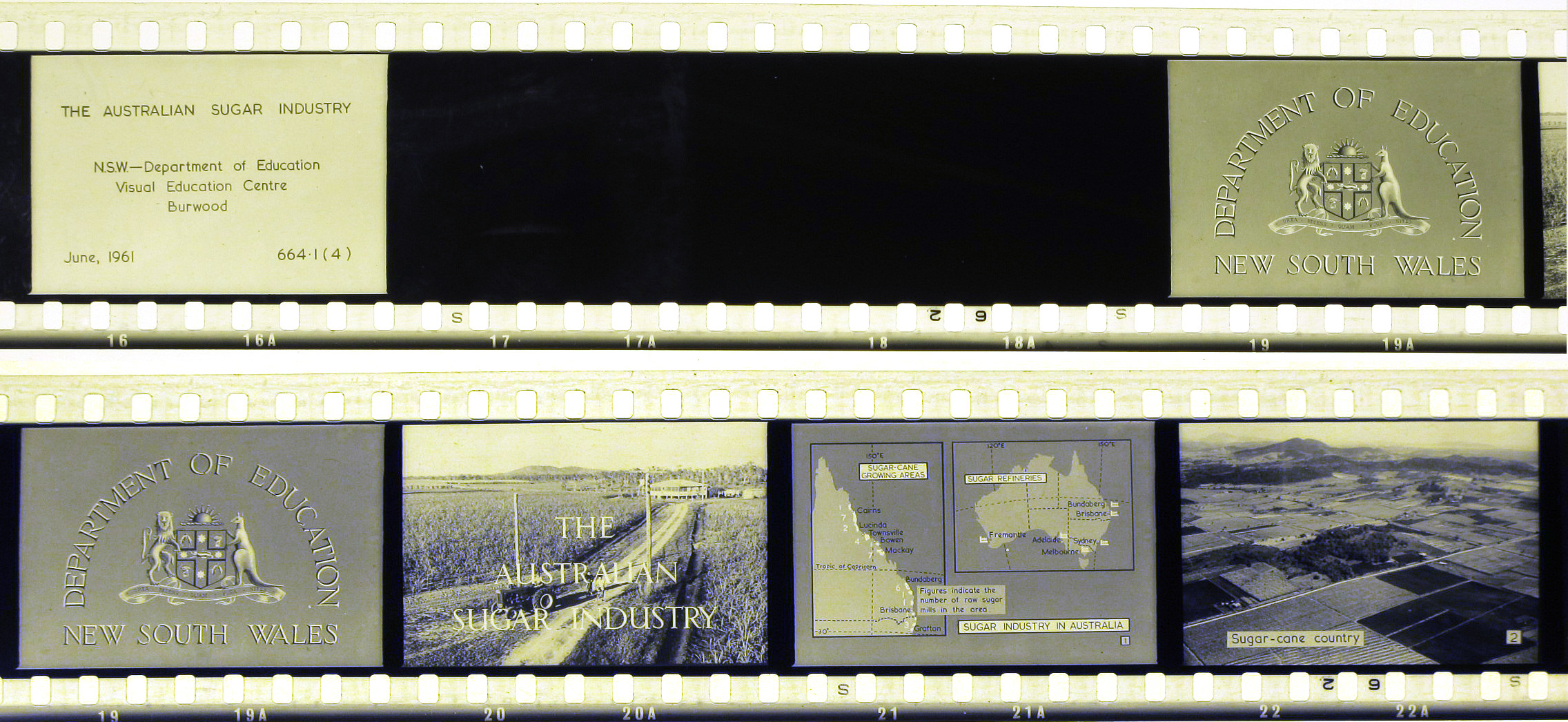 Six frames from a celluloid film strip featuring introductory pages, maps and photographs of sugar-cane growing in New South Wales.